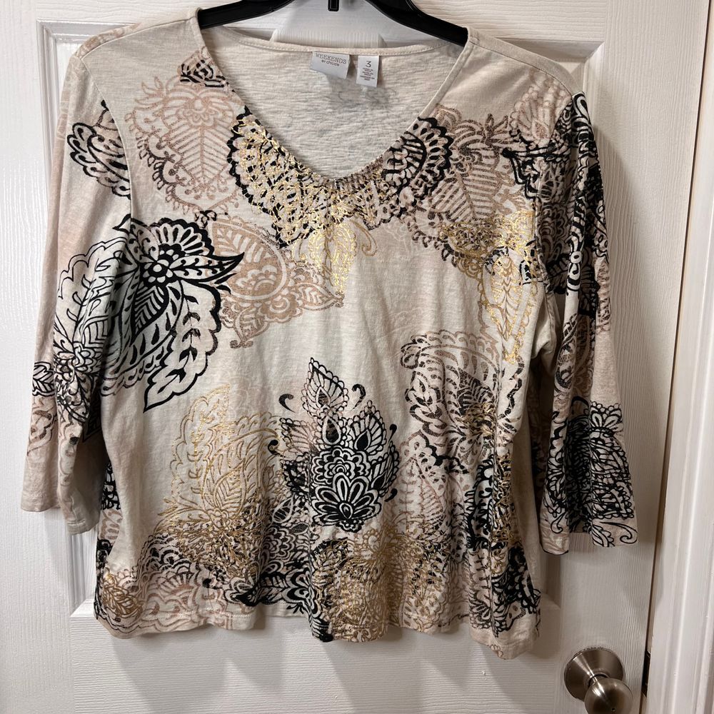 Weekends by Chico's Boho Paisley Print 3/4 Sleeve Top Gold Accents‎ Size 3